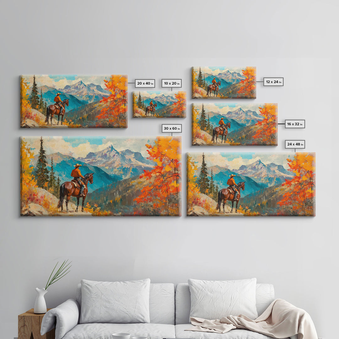 Female cowboy in fall forest, Framed Canvas Print, tall striking artwork rustic or modern farmhouse seasonal wall art