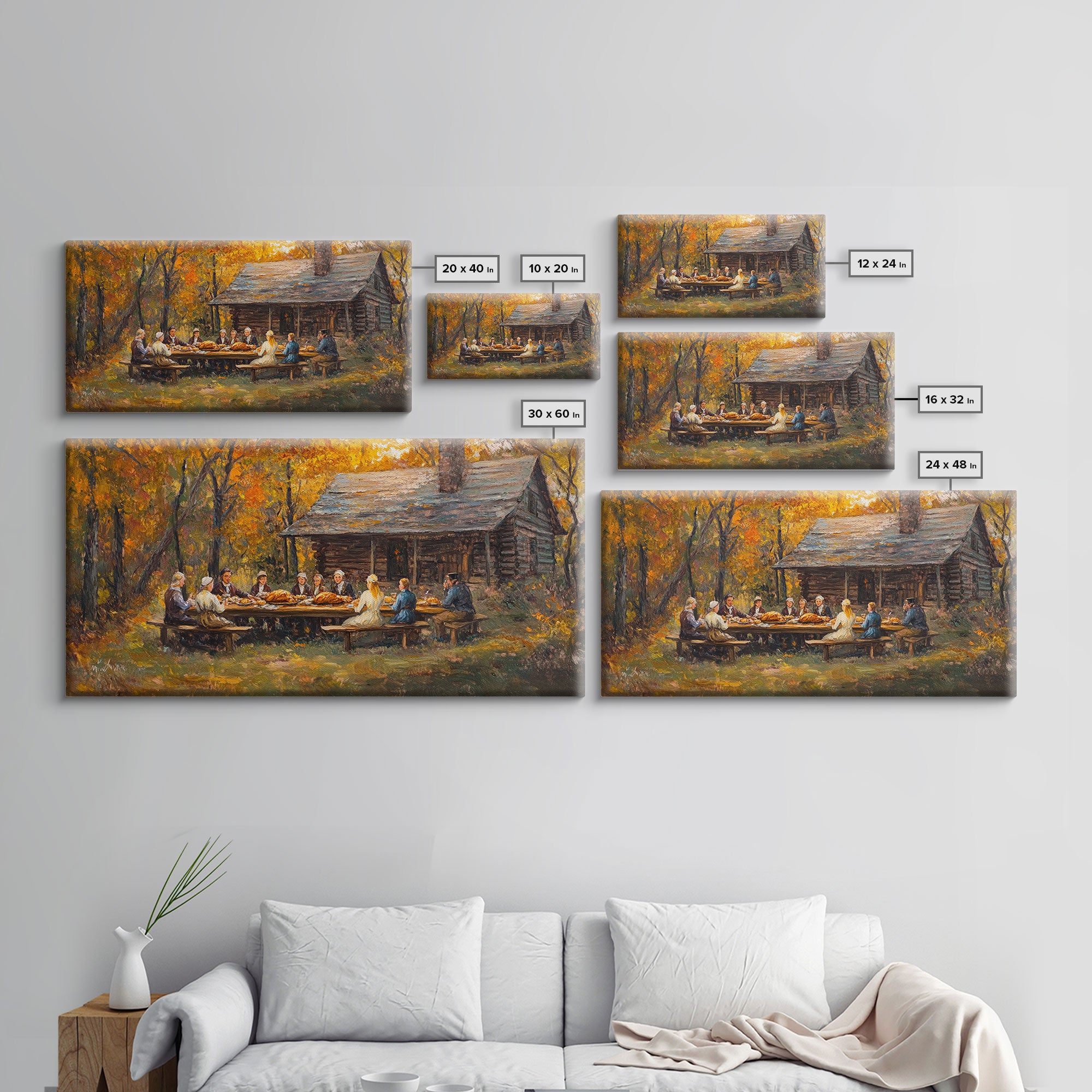 Thanksgiving Dinner With Family At Rustic Cabin, Cozy Fall Harvest Scene Wall Art, Warm Autumn Framed Canvas Print, Country Decor