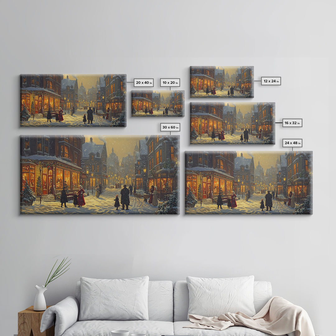 Victorian Christmas Street Scene With Families Shopping, Cozy Winter Wonderland Wall Art, Framed Canvas Print, Vintage Christmas Decor