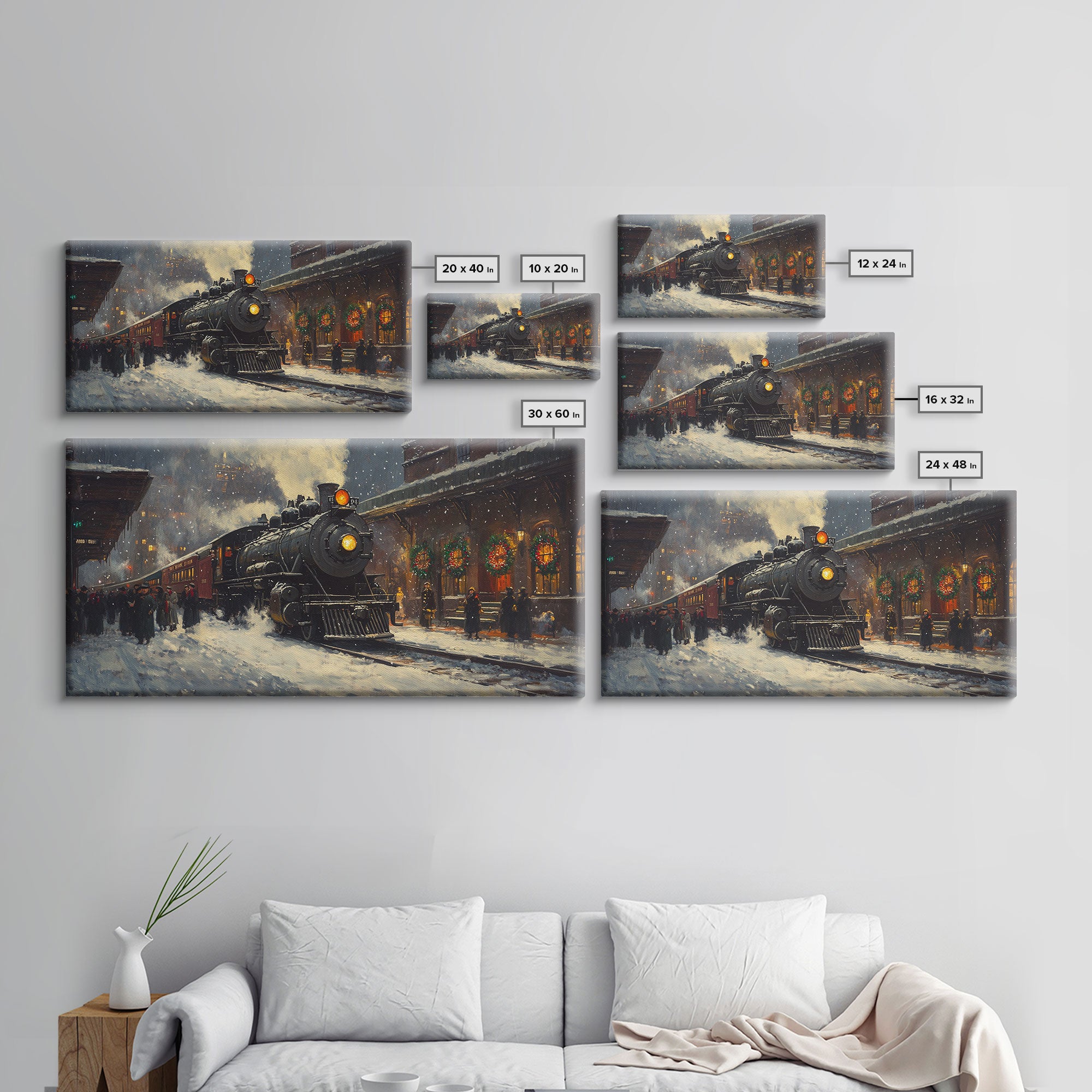 Winter Train Station Framed Canvas Print, Snowy Christmas Scene, Vintage Holiday Decor, Christmas Home Decor, Trendy Christmas Art