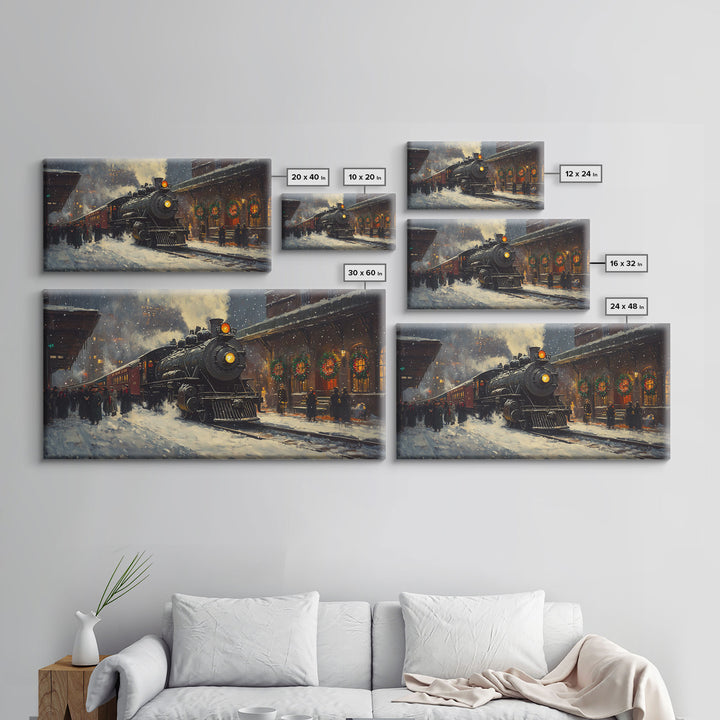 Winter Train Station Framed Canvas Print, Snowy Christmas Scene, Vintage Holiday Decor, Christmas Home Decor, Trendy Christmas Art