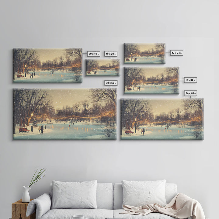 Snowy Ice Skating Framed Canvas Print, Winter Wonderland Scene Art, Vintage Christmas Decor, Christmas Vacation Art, Best Holiday Wall Art