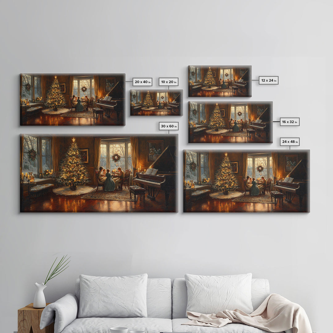 Family Gathering by Christmas Tree Framed Canvas Print - Warm Christmas Home Decor with Vintage Charm and Classic Holiday Wall Art