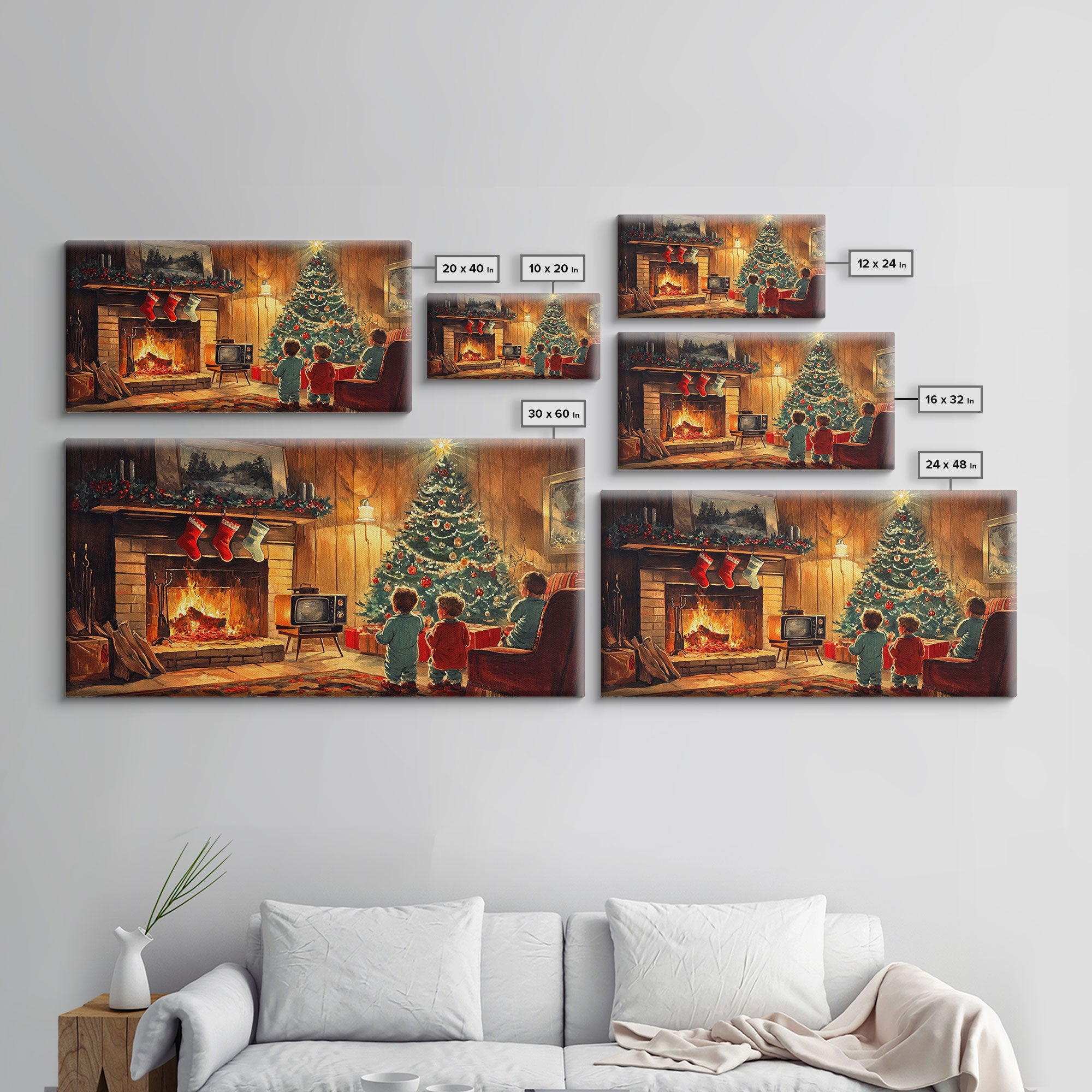 Vintage Christmas living room scene with fireplace and children, 2024 Christmas home decor, framed canvas print, vintage Christmas wall art