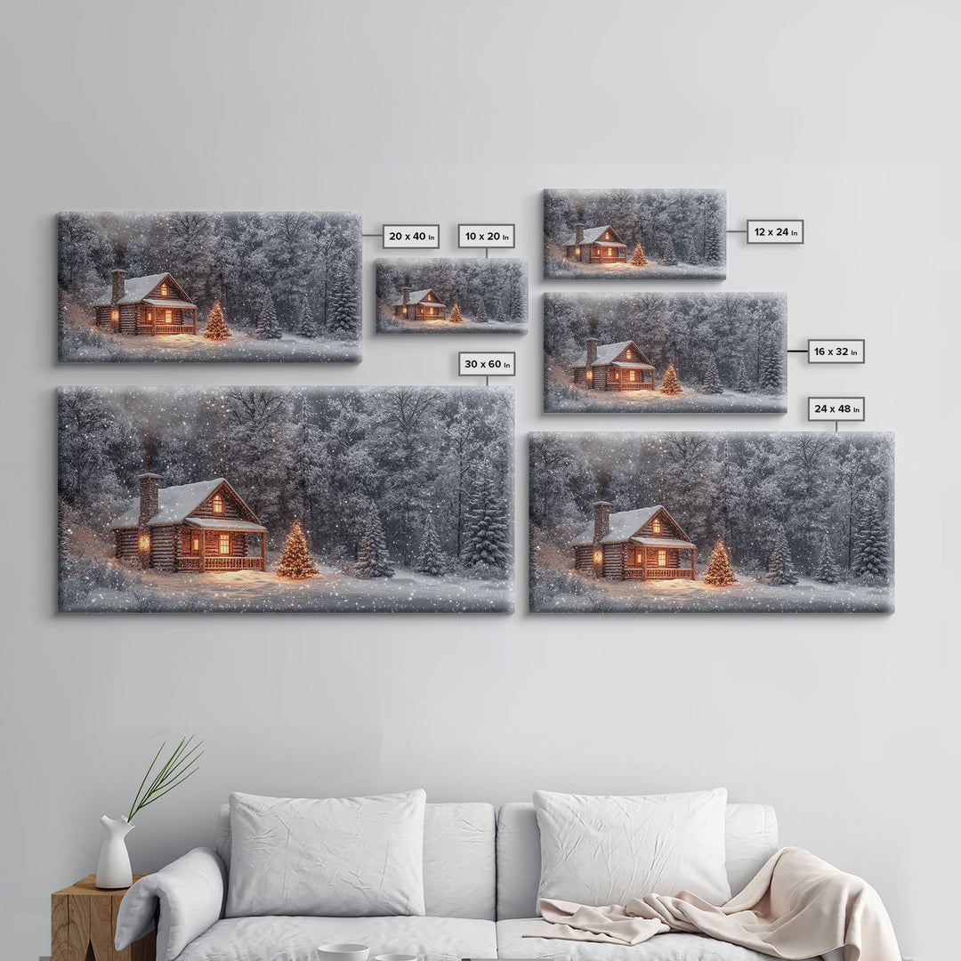 Winter cabin with Christmas tree outdoor decor, snowy landscape art, framed canvas print, winter wonderland wall art, holiday decor