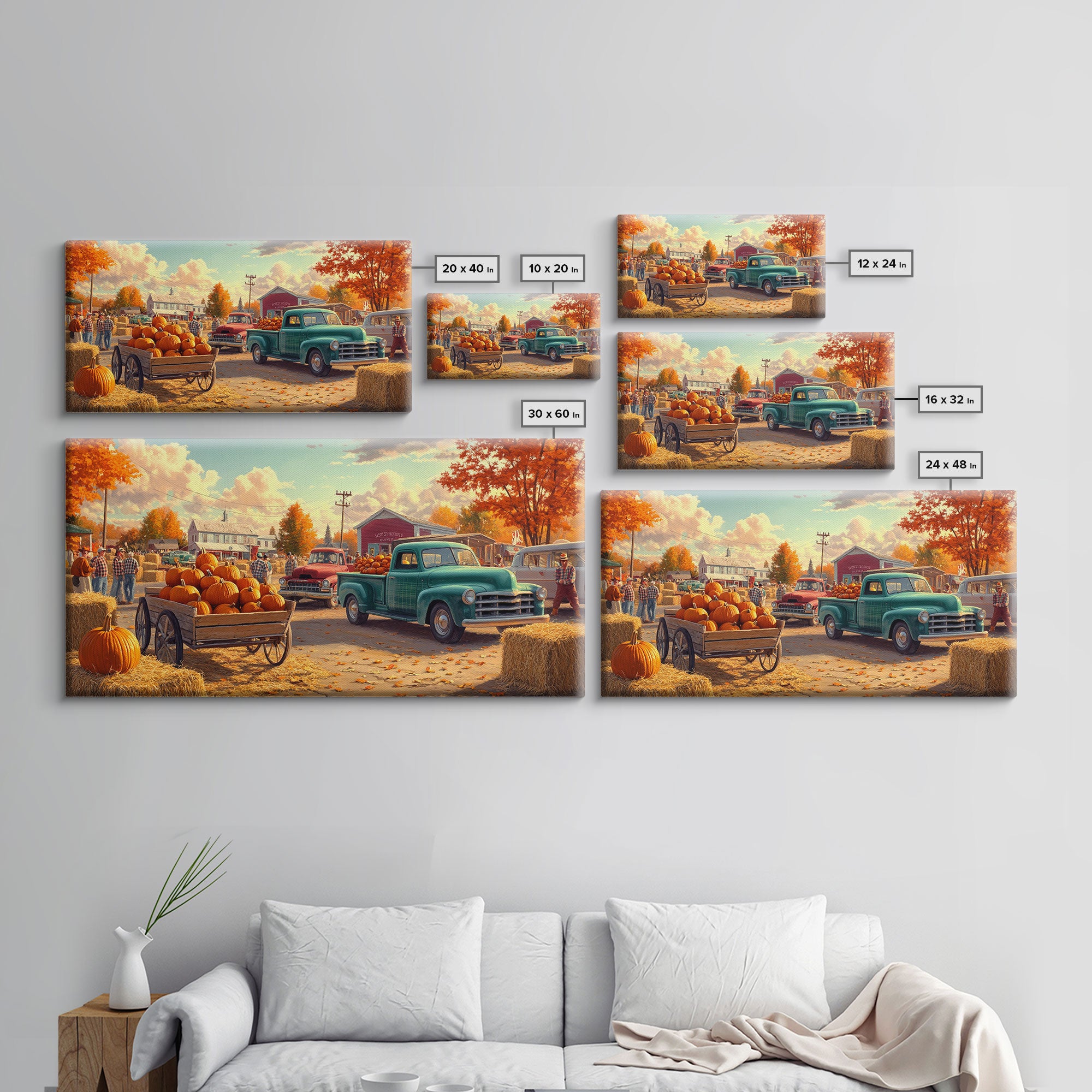 Fall pumpkin harvest with vintage trucks, country autumn decor, canvas print, fall farmhouse wall art, seasonal decor