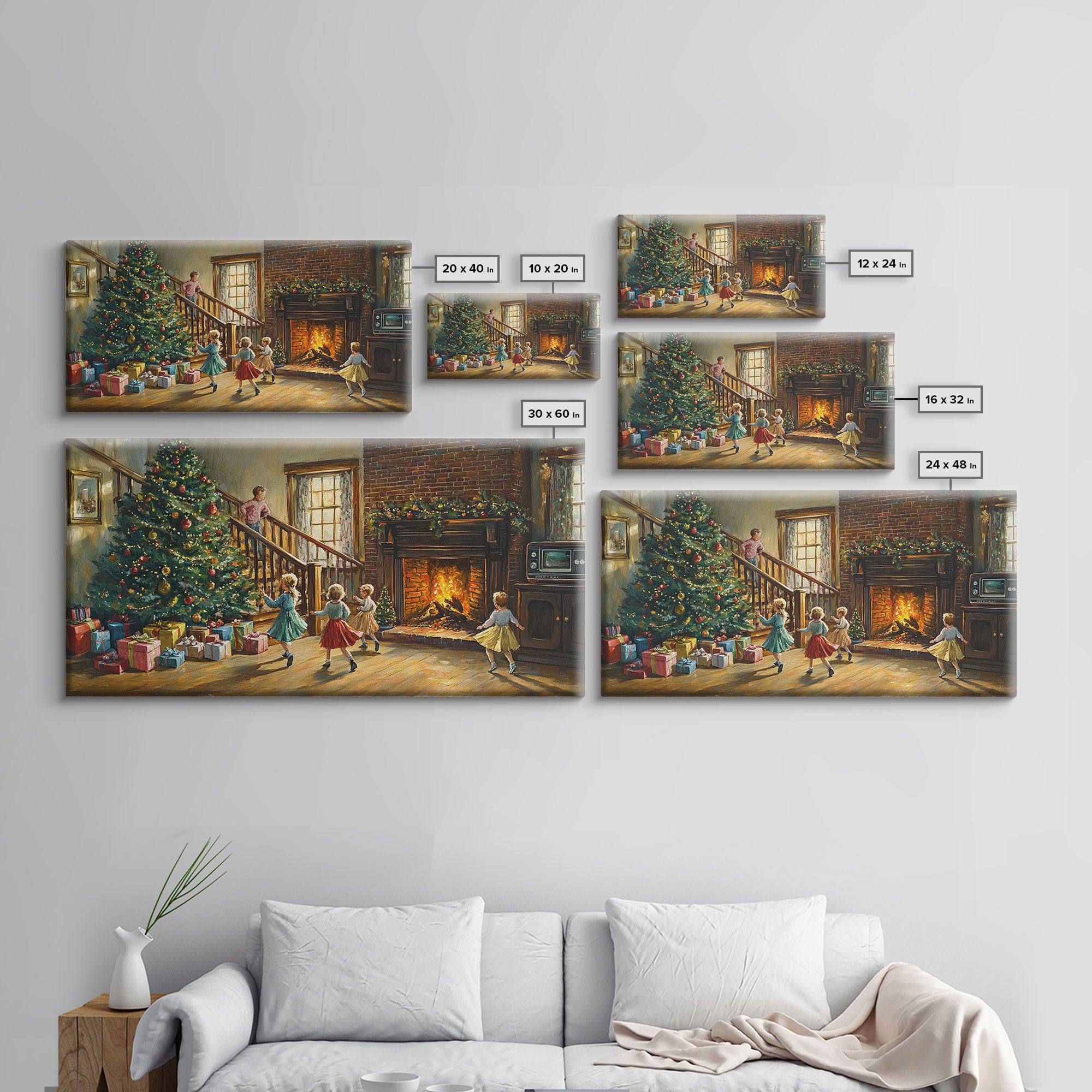 Vintage Christmas living room with fireplace and tree, children and presents, framed canvas print, Christmas decor, holiday wall art