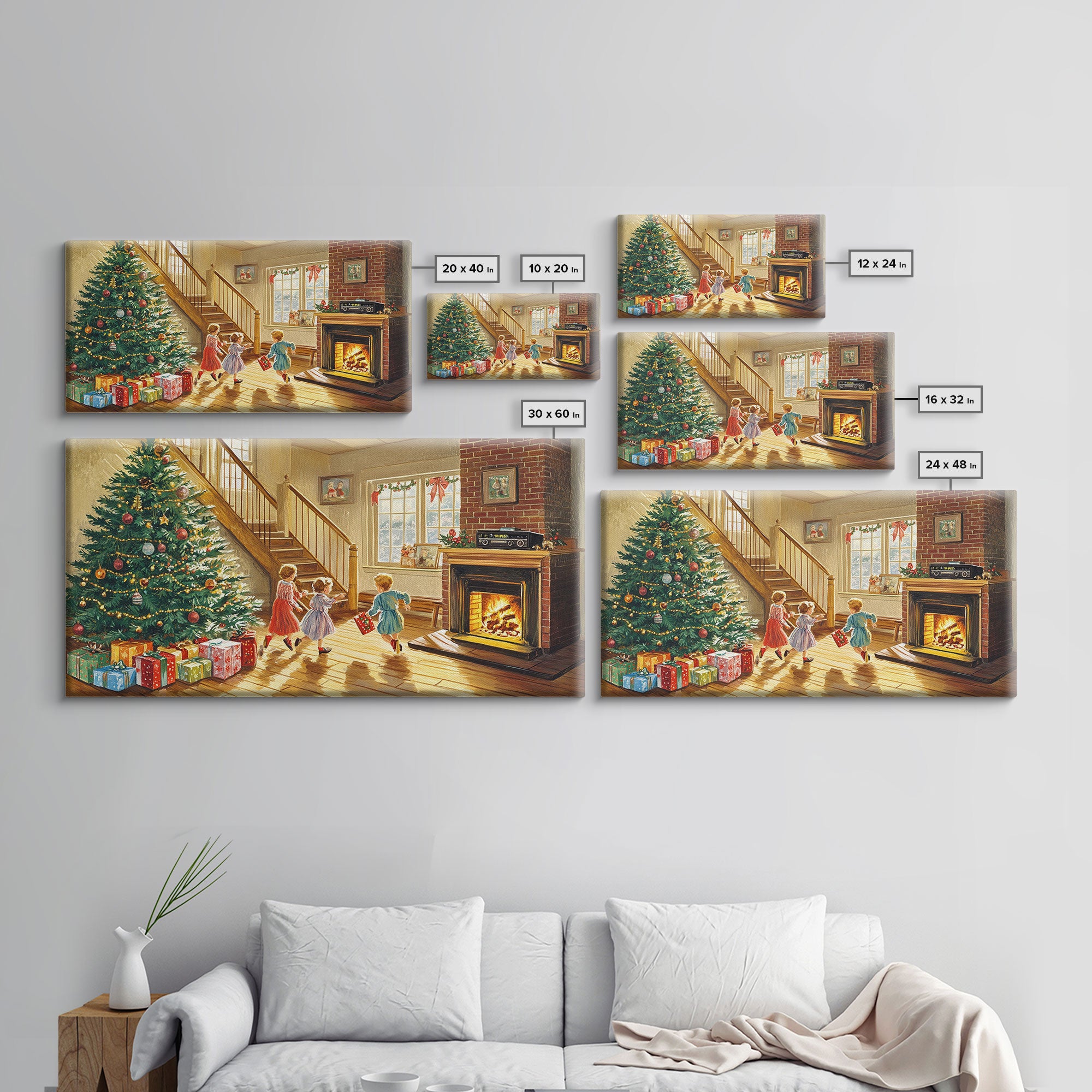 Cozy Christmas living room scene with tree and presents, vintage holiday decor, canvas print, Christmas wall art, Christmas decor