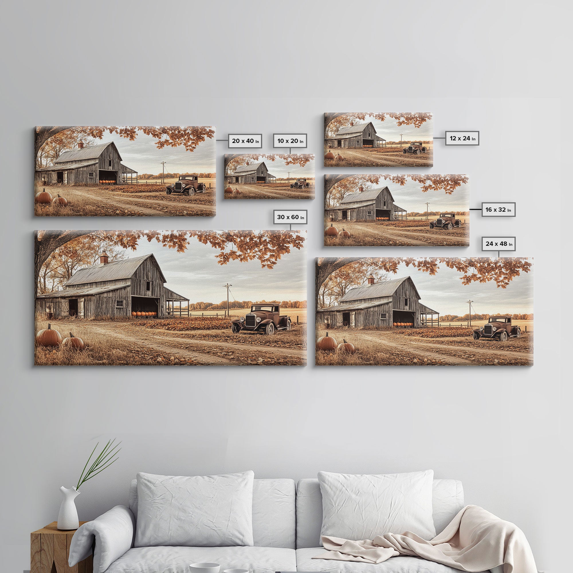 Farmhouse Autumn Decor Framed Canvas Print with Rustic Truck and Barn, Fall Country Art Wall Decor, Pumpkin Harvest Gift Idea Seasonal Decor