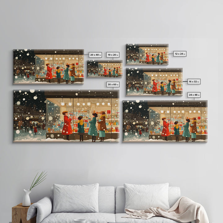 Christmas Window Shopping Scene Framed Canvas Print, Nostalgic Winter Holiday Wall Art Decor, Best Christmas Gift Idea, City Christmas Decor