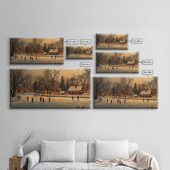 Winter Wonderland Ice Skating Framed Canvas Print, Rustic Christmas Art, Holiday Scene Wall Decor, Best Christmas Gift, Winter Landscape Art