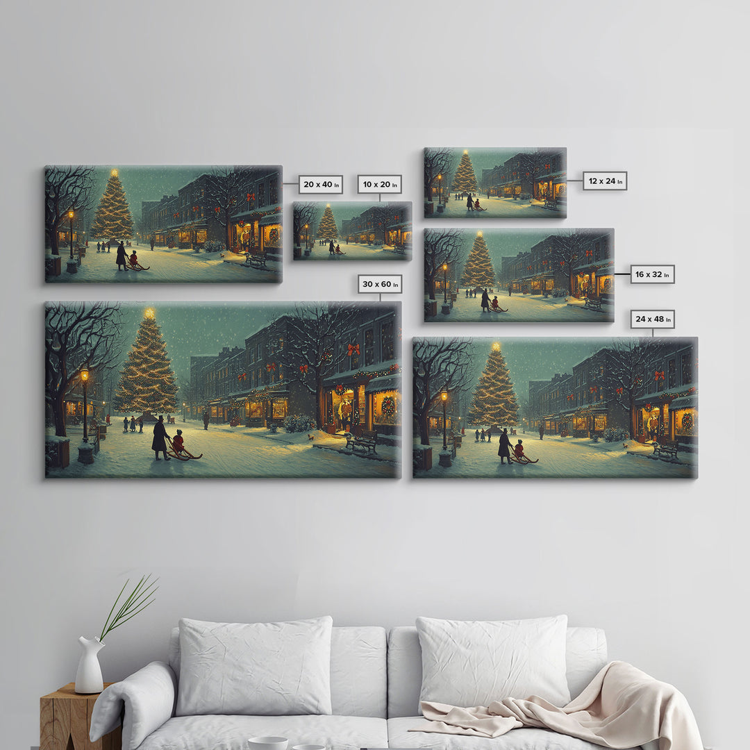 Christmas Village Tree Lighting Framed Canvas Print, Nostalgic Winter Holiday Art, Vintage Wall Art Scene, Best Gift Idea Christmas Decor