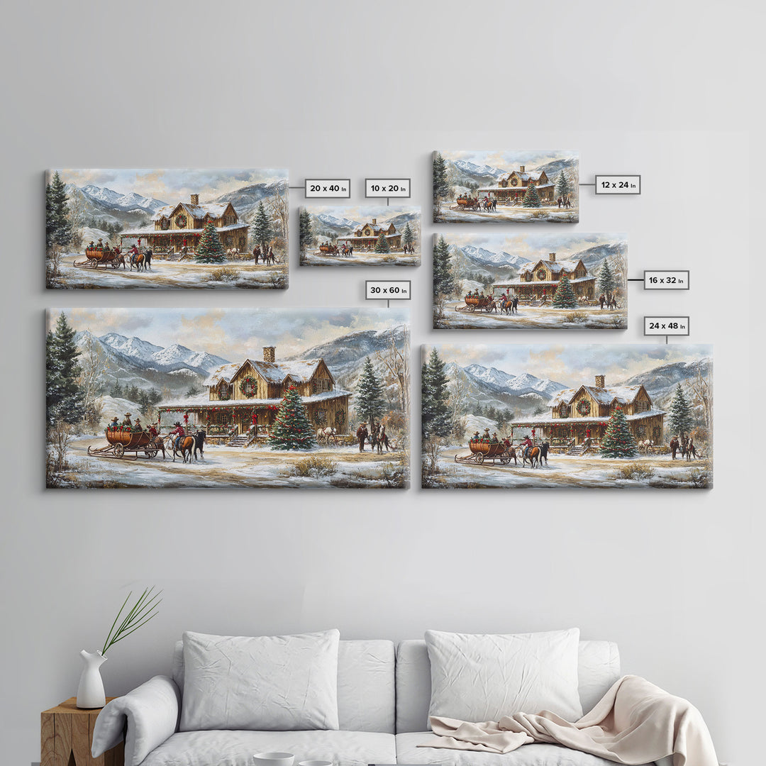 Mountain Log Cabin Christmas Framed Canvas Print, Rustic Holiday Winter Scene, Best Gift Christmas Wall Art, Vintage Holiday Decor Ideas