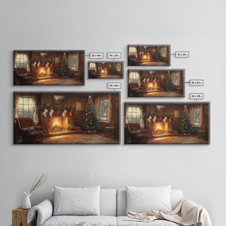 Vintage Christmas Living Room Framed Canvas Print with Fireplace and Stockings, Cozy Rustic Holiday Wall Art, Best Christmas Gift Idea