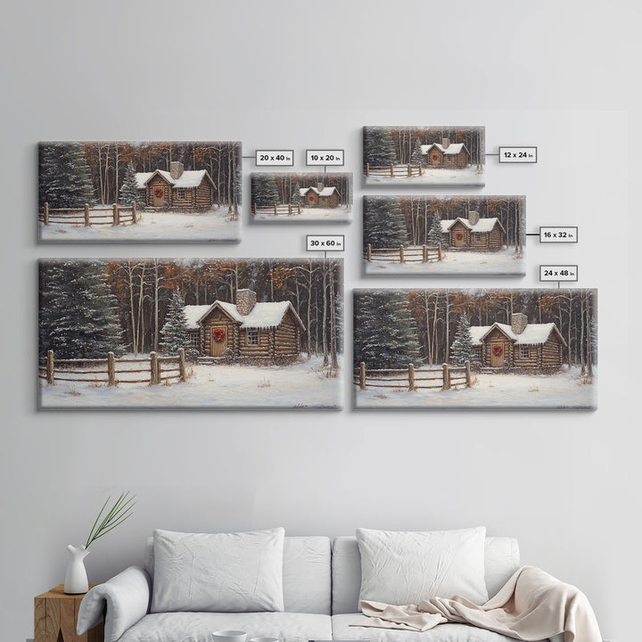 Snowy Log Cabin Christmas Framed Canvas Print, Rustic Winter Wonderland Art, Cozy Holiday Decor, Best Gift Christmas Wall Art