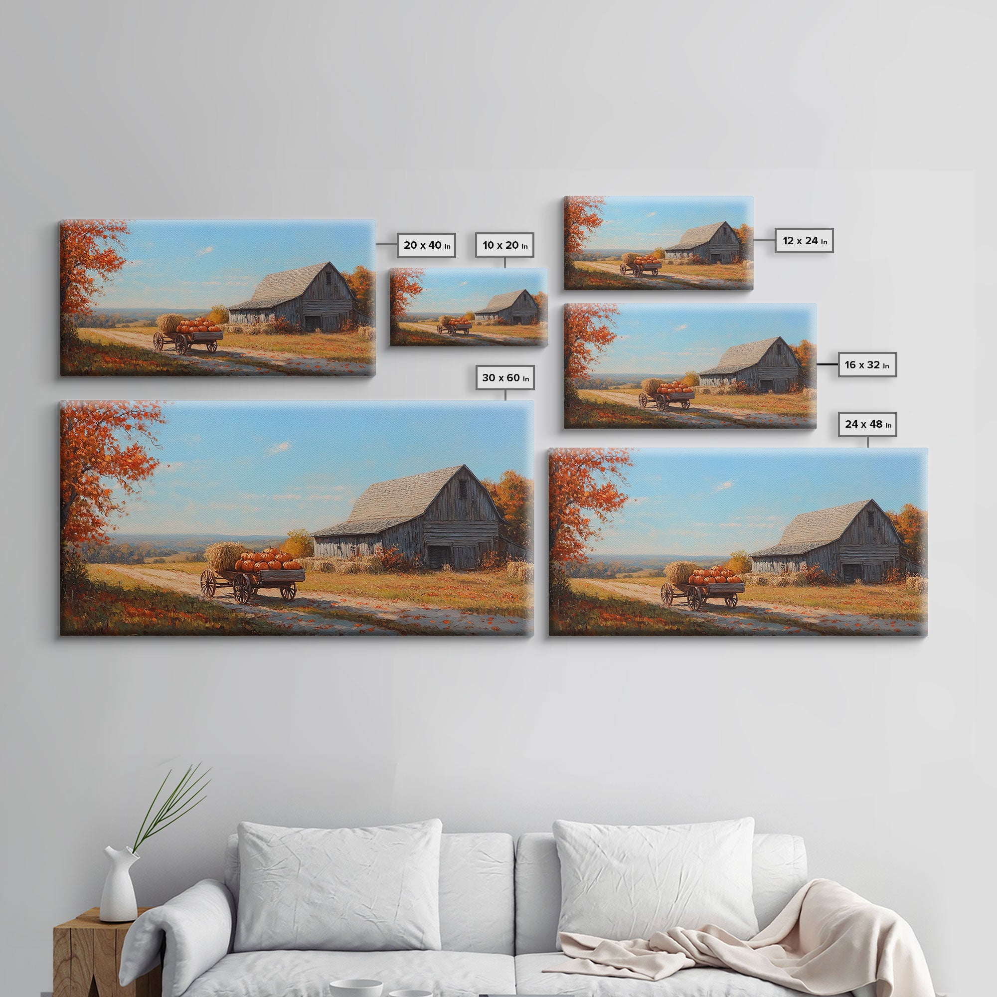 Rustic Barn with Pumpkins Framed Canvas Print, Cozy Fall Farmhouse Decor, Country Autumn Harvest Art, Seasonal Wall Art Gift Idea