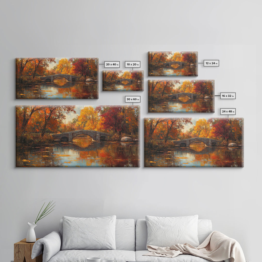 Scenic Autumn Bridge Framed Canvas Print, Cozy Fall Landscape Wall Art, Country Farmhouse Autumn Decor, Best Seasonal Gift Idea