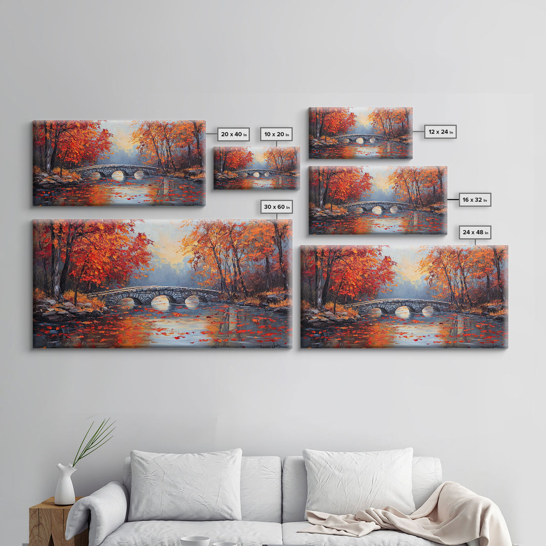 Autumn River Bridge Framed Canvas Print, Colorful Fall Landscape Wall Art, Cozy Seasonal Decor, Best Gift Idea for Farmhouse Wall Art