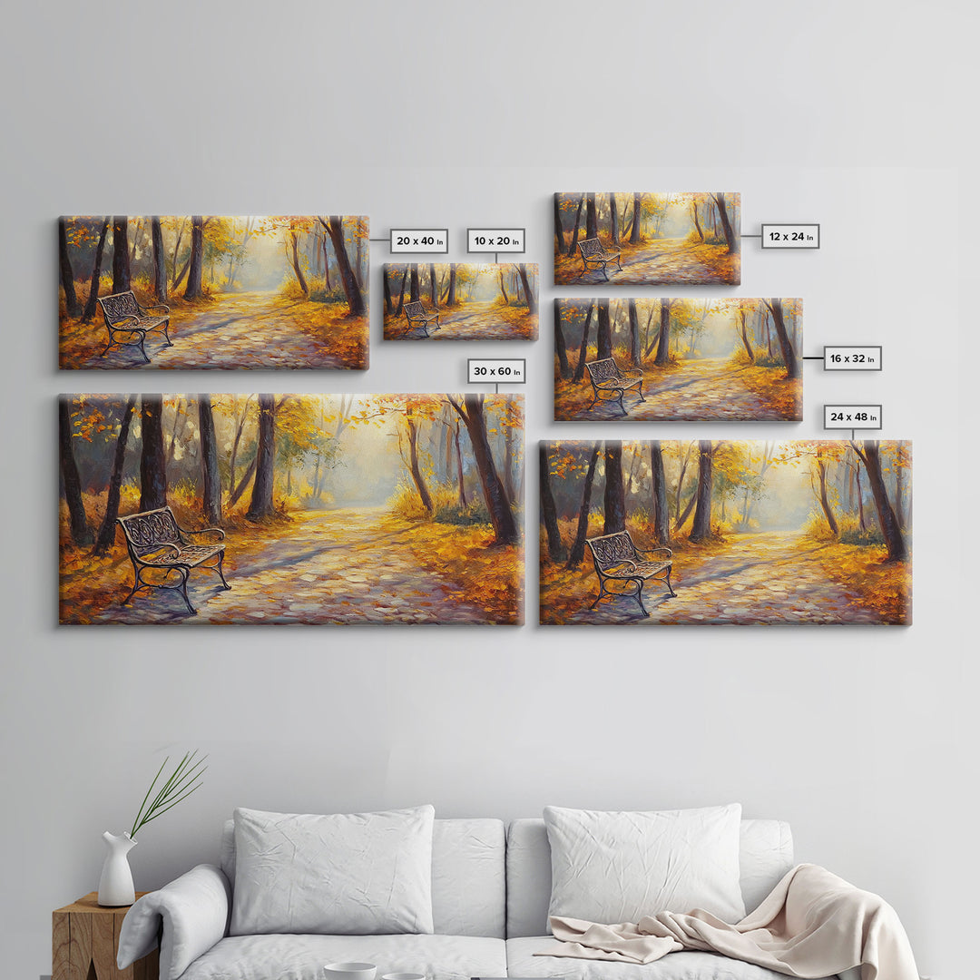 Autumn Path Bench Framed Canvas Print, Serene Fall Landscape Wall Art, Cozy Farmhouse Decor, Seasonal Wall Art Gift Idea