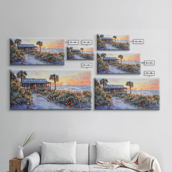 Tropical Beach House Autumn Sunset Scene With Pumpkins Framed Canvas Print, Coastal Fall Wall Art Perfect Gift Idea