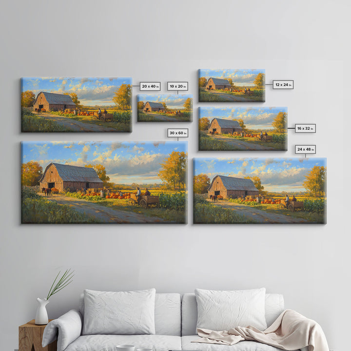 Picturesque Autumn Barn Harvest Scene Framed Canvas Print Farmhouse Art, Fall Harvest Scene Art Print, Rustic Wall Decor for Fall Season