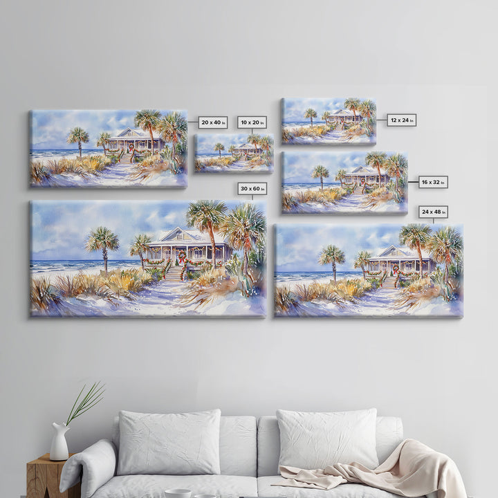 Snowy tropical Christmas decor scene, Framed Canvas Print beach house wreath and holiday lights, winter coastal home decor Christmas art