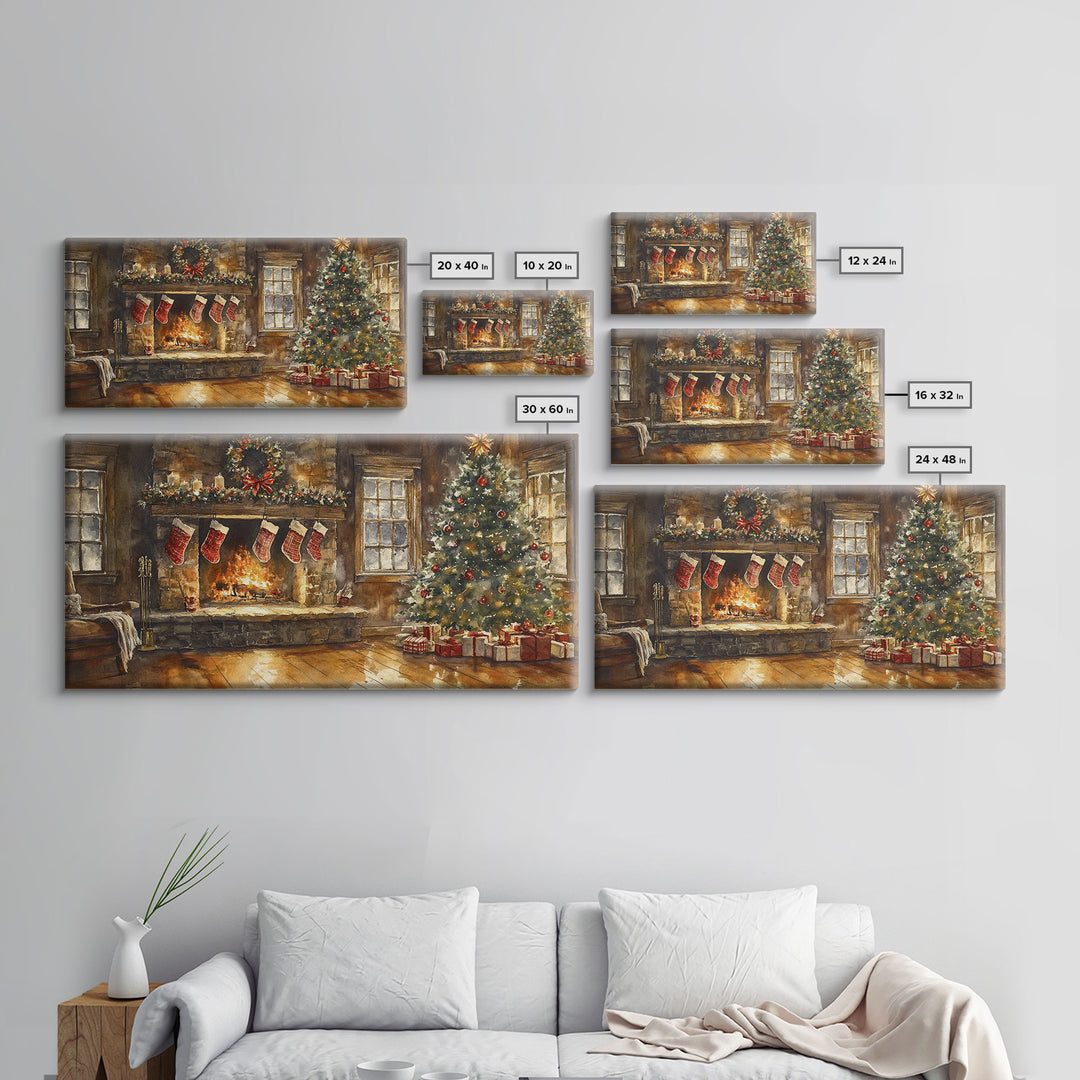 Cozy Christmas living room with stockings, Christmas tree, and fireplace, Framed Canvas Print for holiday wall art vintage Christmas decor