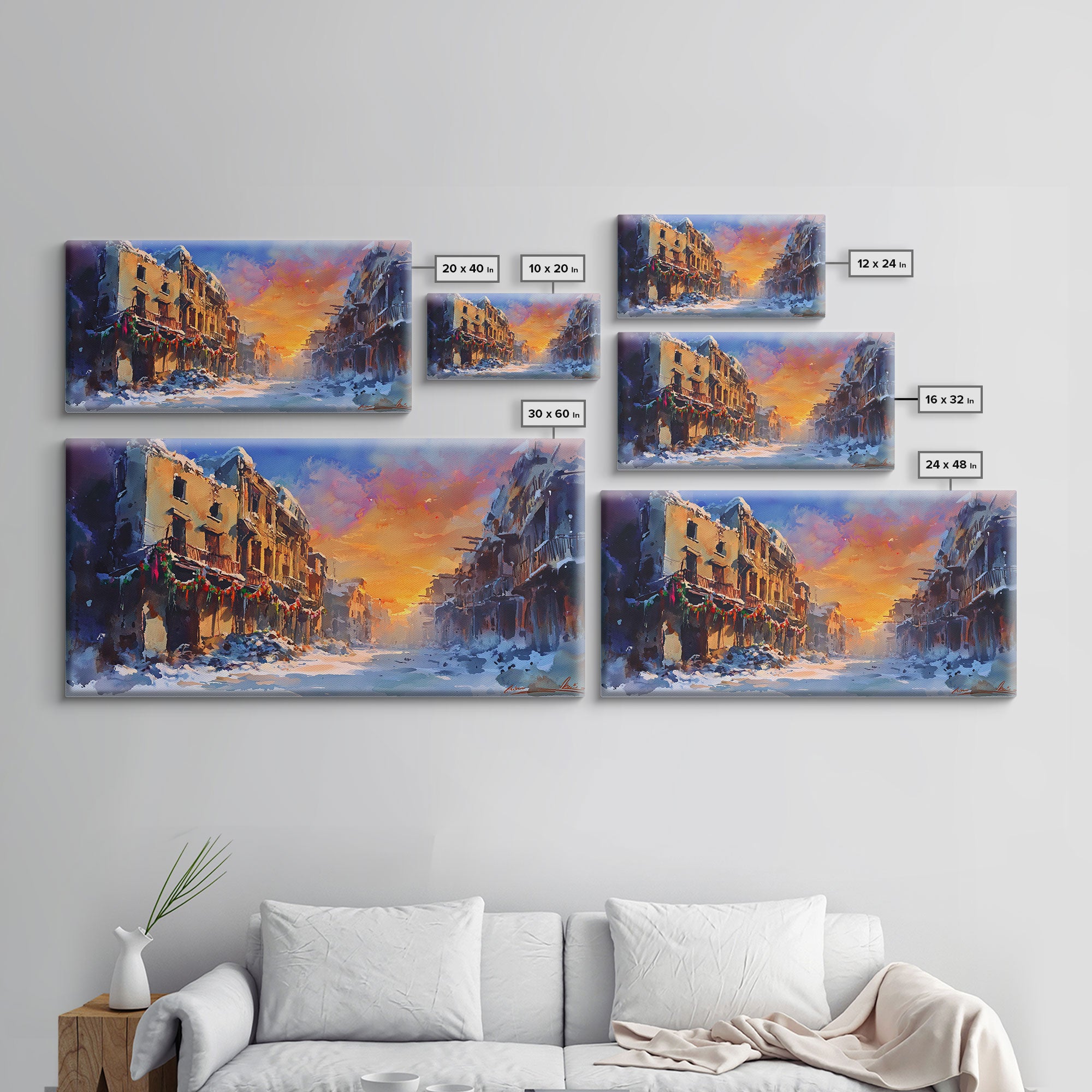 Snowy abandoned street at sunset with festive garland, framed canvas print, moody landscape Christmas or holiday decor