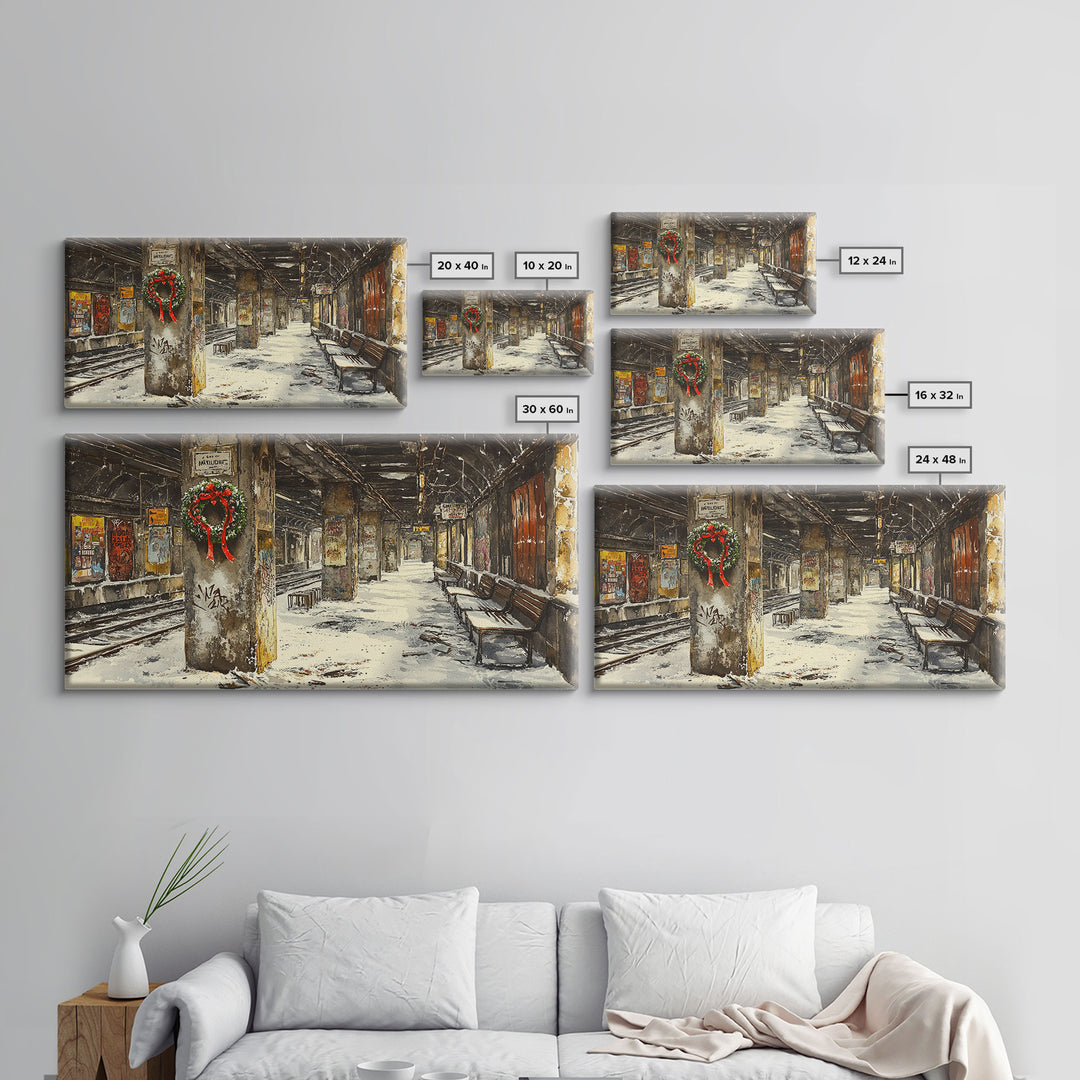 Underground subway station winter scene framed canvas print, snowy platform with festive wreath and urban decay, Christmas display