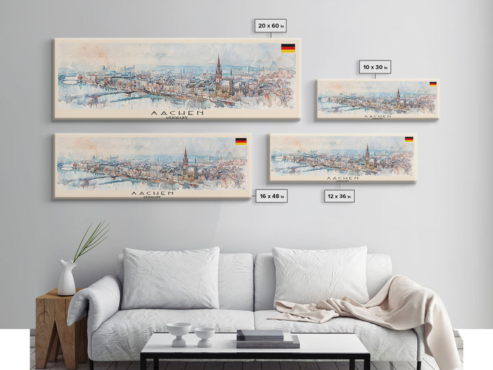 Aachen Germany  Panoramic Travel Poster, Framed Canvas Print or Metal Wall Art, Travel Art, Home Decor, Panoramic Painting, Midcentury Art