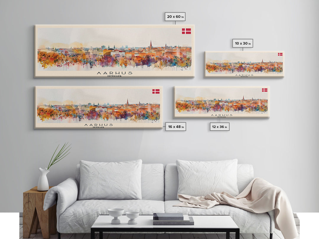 Aarhus Denmark  Panoramic Travel Poster, Framed Canvas Print or Metal Wall Art, Travel Art, Home Decor, Panoramic Painting, Midcentury Art