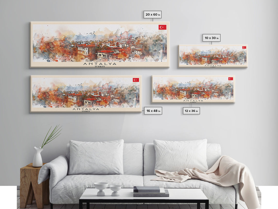 Antalya Turkey Panoramic Travel Poster, Framed Canvas Print or Metal Wall Art, Travel Art, Home Decor, Panoramic Painting, Midcentury Art