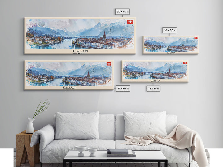 Thun Switzerland Panoramic Travel Poster, Framed Canvas Print or Metal Wall Art, Travel Art, Home Decor, Panoramic Painting, Midcentury Art