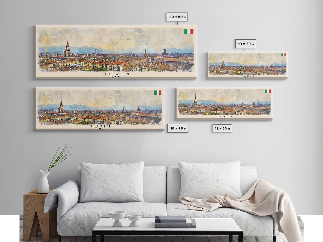 Turin Italy Panoramic Travel Poster, Framed Canvas Print or Metal Wall Art, Travel Art, Home Decor, Panoramic Painting, Midcentury Art