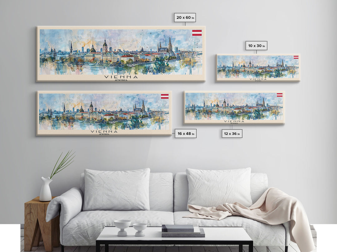 Vienna Austria Panoramic Travel Poster, Framed Canvas Print or Metal Wall Art, Travel Art, Home Decor, Panoramic Painting, Midcentury Art