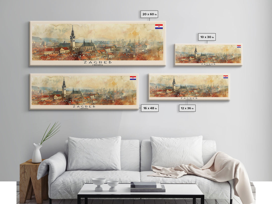 Zagreb Croatia Travel Art, City Art, Framed Canvas Print or Metal Wall Art, Europe Travel Poster, Panoramic Wall Art, Extra Wide Wall Art