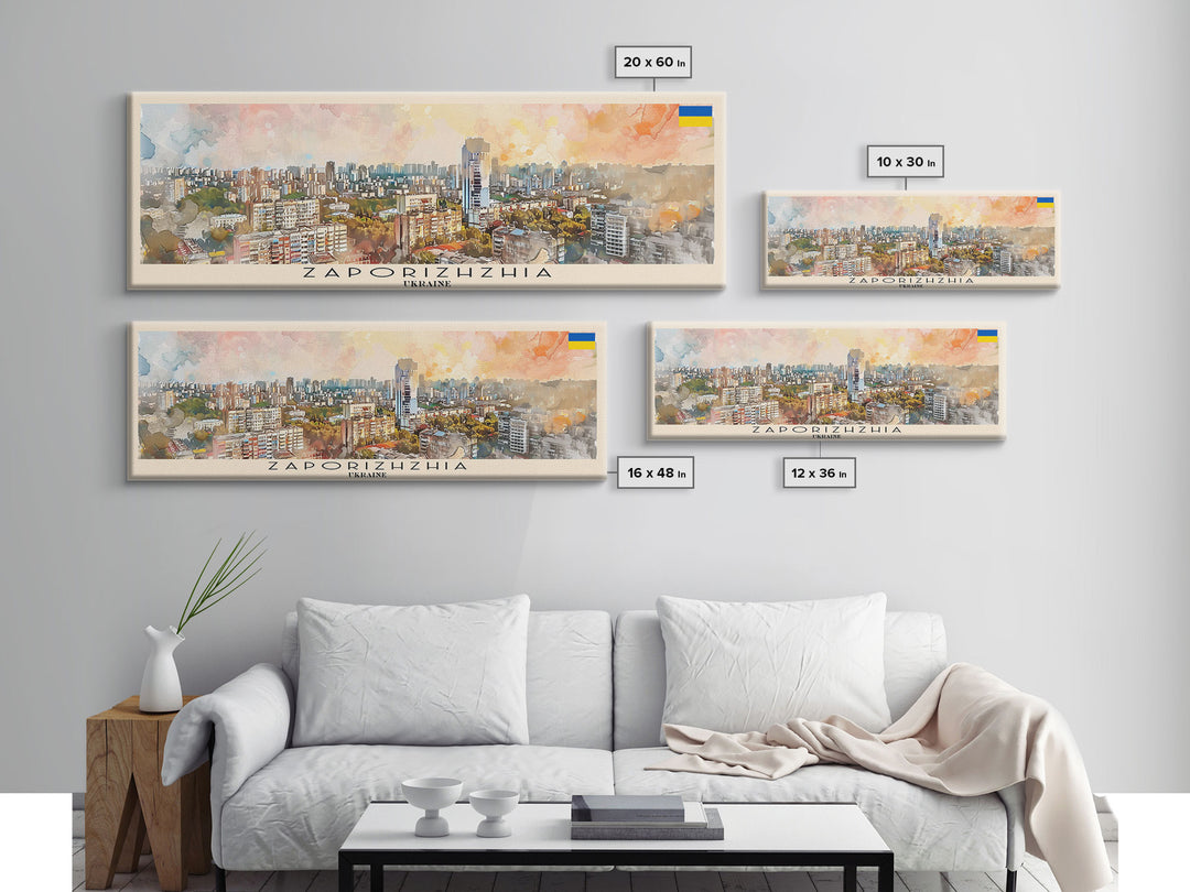 Zaporizhzhia Ukraine Panoramic Travel Poster, Framed Canvas Print or Metal Wall Art, Travel Art, Home Decor, Panoramic Painting, Midcentury Art