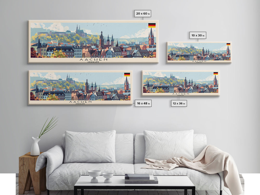 Aachen Germany  Panoramic Travel Poster, Framed Canvas Print or Metal Wall Art, Travel Art, Home Decor, Panoramic Painting, Midcentury Art