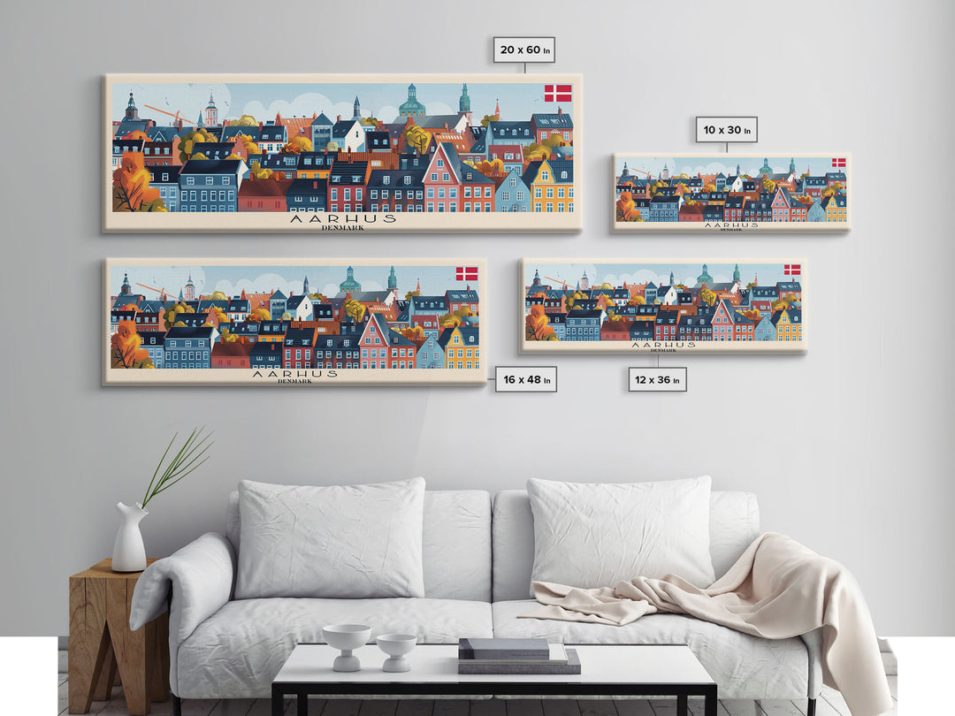 Aarhus Denmark  Panoramic Travel Poster, Framed Canvas Print or Metal Wall Art, Travel Art, Home Decor, Panoramic Painting, Midcentury Art