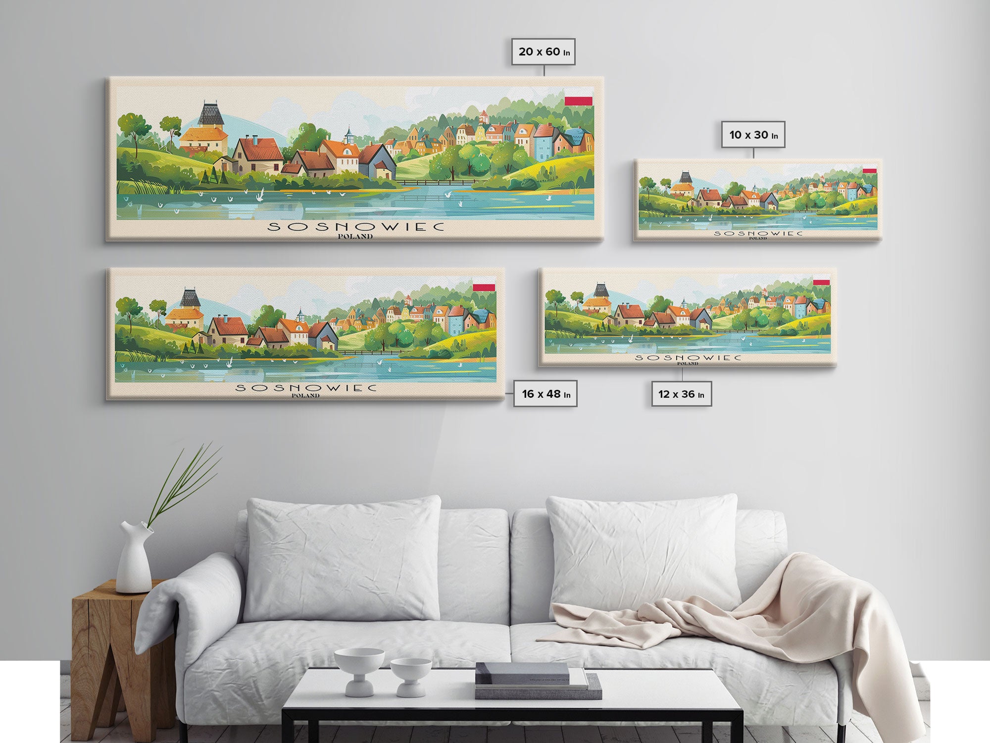 Sosnowiec Poland Panoramic Travel Poster, Framed Canvas Print or Metal Wall Art, Travel Art, Home Decor, Panoramic Painting, Midcentury Art