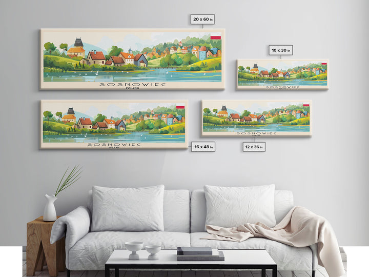 Sosnowiec Poland Panoramic Travel Poster, Framed Canvas Print or Metal Wall Art, Travel Art, Home Decor, Panoramic Painting, Midcentury Art