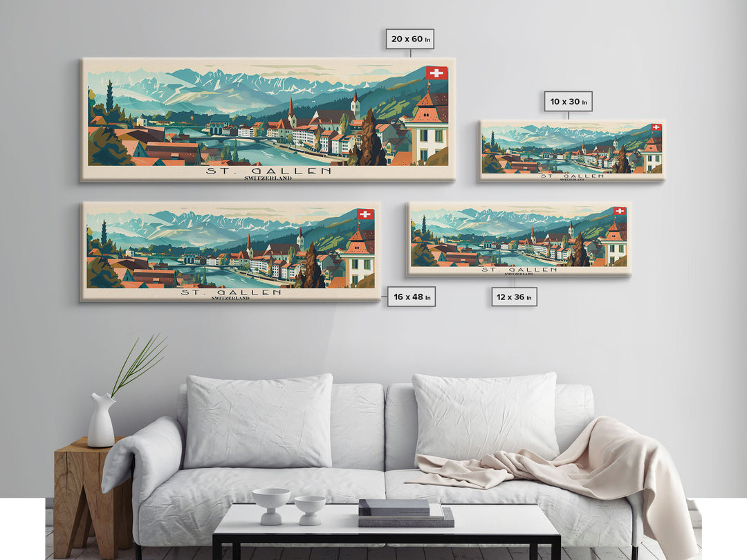 St. Gallen Switzerland Panoramic Travel Poster, Framed Canvas Print or Metal Wall Art, Travel Art, Home Decor, Panoramic Painting, Midcentury Art