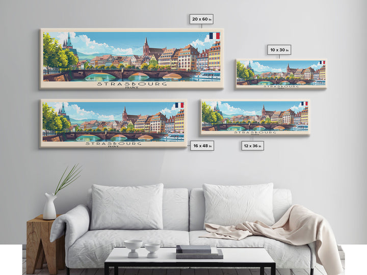 Strasbourg France Panoramic Travel Poster, Framed Canvas Print or Metal Wall Art, Travel Art, Home Decor, Panoramic Painting, Midcentury Art