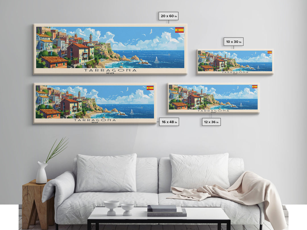 Tarragona Spain Panoramic Travel Poster, Framed Canvas Print or Metal Wall Art, Travel Art, Home Decor, Panoramic Painting, Midcentury Art