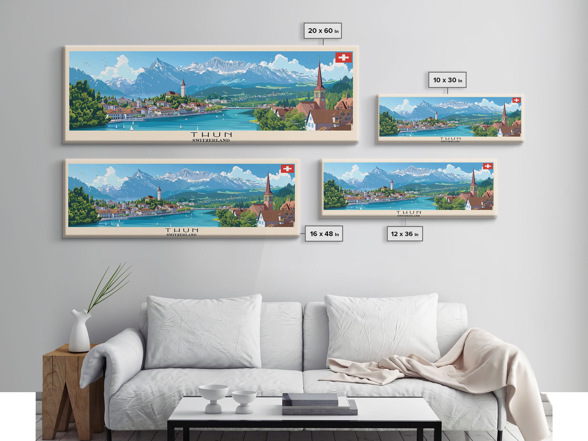 Thun Switzerland Panoramic Travel Poster, Framed Canvas Print or Metal Wall Art, Travel Art, Home Decor, Panoramic Painting, Midcentury Art