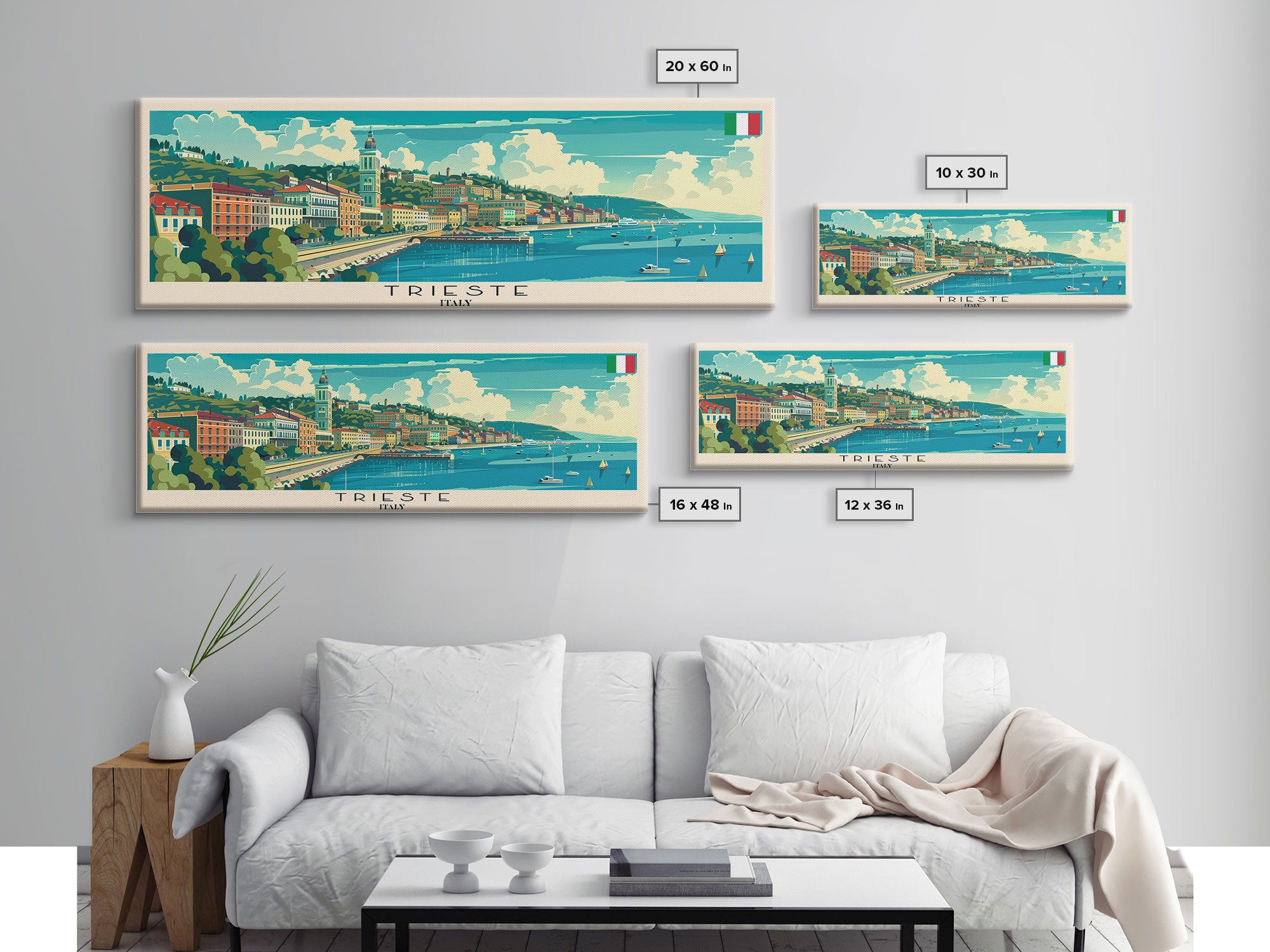 Trieste Italy Panoramic Travel Poster, Framed Canvas Print or Metal Wall Art, Travel Art, Home Decor, Panoramic Painting, Midcentury Art