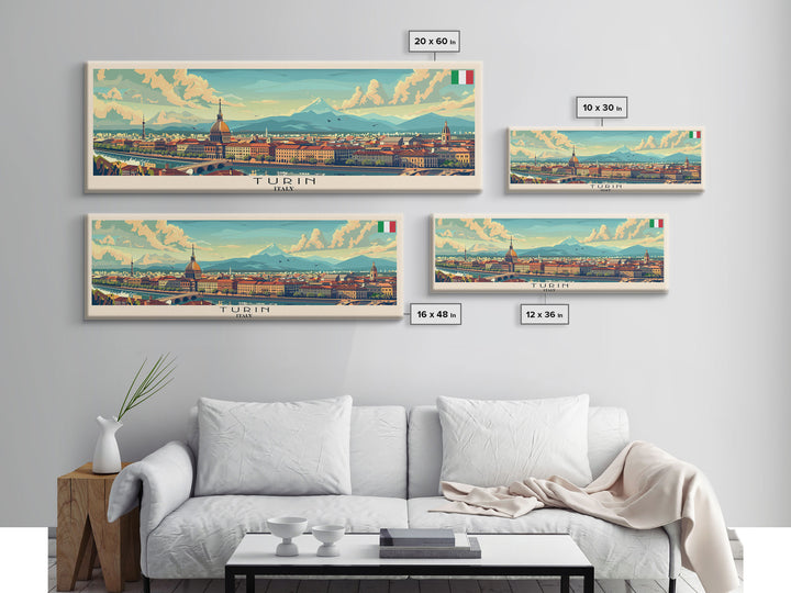 Turin Italy Panoramic Travel Poster, Framed Canvas Print or Metal Wall Art, Travel Art, Home Decor, Panoramic Painting, Midcentury Art