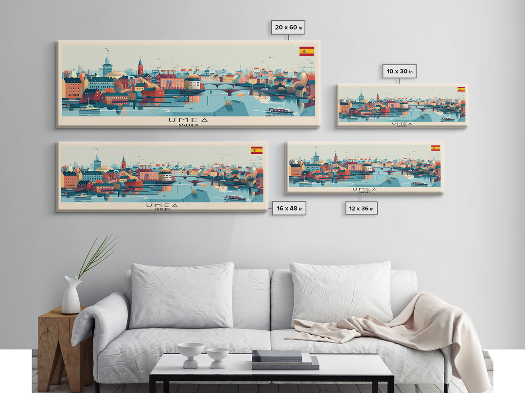 Ume Sweden Panoramic Travel Poster, Framed Canvas Print or Metal Wall Art, Travel Art, Home Decor, Panoramic Painting, Midcentury Art