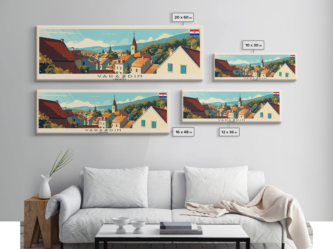 Varazdin Croatia Panoramic Travel Poster, Framed Canvas Print or Metal Wall Art, Travel Art, Home Decor, Panoramic Painting, Midcentury Art