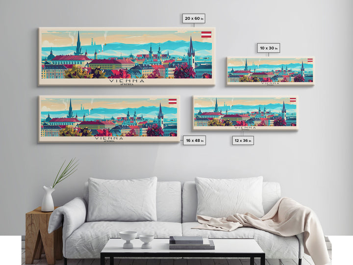 Vienna Austria Panoramic Travel Poster, Framed Canvas Print or Metal Wall Art, Travel Art, Home Decor, Panoramic Painting, Midcentury Art